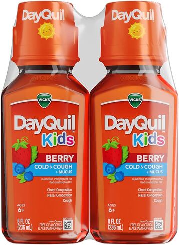 Vicks Kids DayQuil Berry Cold & Cough Medicine Co-Pack, Daytime Relief of Multiple Symptoms, Great-Tasting Berry Flavor, Free of Alcohol & Acetaminophen, For Ages 6+, 2x8oz in Saudi Arabia