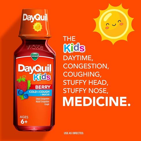 Vicks Kids DayQuil Berry Cold & Cough Medicine Co-Pack, Daytime Relief of Multiple Symptoms, Great-Tasting Berry Flavor, Free of Alcohol & Acetaminophen, For Ages 6+, 2x8oz in Saudi Arabia