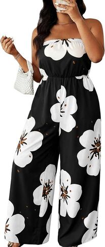 OYOANGLE Women's Plus Size Floral Print Off Shoulder Jumpsuit Strapless Overall Wide Leg Pants in Saudi Arabia