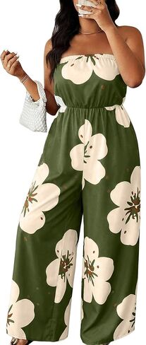 OYOANGLE Women's Plus Size Floral Print Off Shoulder Jumpsuit Strapless Overall Wide Leg Pants in Saudi Arabia