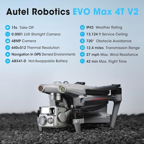 Autel Robotics EVO MAX 4T V2, Upgrade of MAX 4T/ 4T XE, 2026 Support Remote ID,1/2'' CMOS 48MP Wide, 640x512 T~hermal Camera, 16.4–3737ft L~aser Rangefinder, 48MP Zoom Camera, Battery In-place Detection, No Blind Spots, A-Mesh 1.0, Triple Anti-Jamming in Saudi Arabia