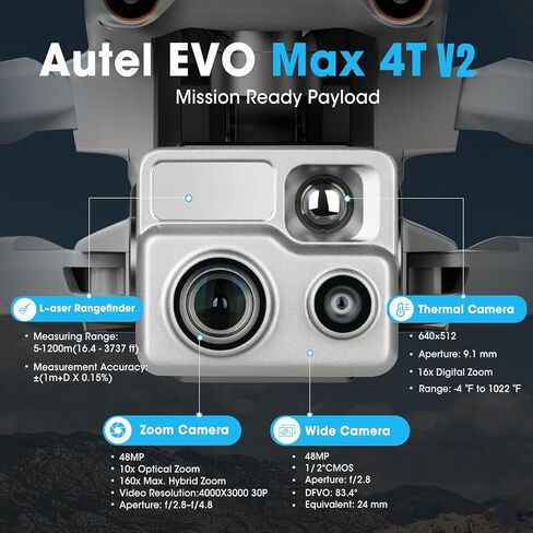Autel Robotics EVO MAX 4T V2, Upgrade of MAX 4T/ 4T XE, 2026 Support Remote ID,1/2'' CMOS 48MP Wide, 640x512 T~hermal Camera, 16.4–3737ft L~aser Rangefinder, 48MP Zoom Camera, Battery In-place Detection, No Blind Spots, A-Mesh 1.0, Triple Anti-Jamming in Saudi Arabia
