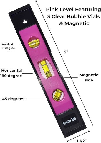 9" Magnetic Torpedo Pink Level – High-Visibility Pink Finish, 3 Bubble Vials for Horizontal, Vertical & 45° Angles – Precision Leveling Tool in Saudi Arabia