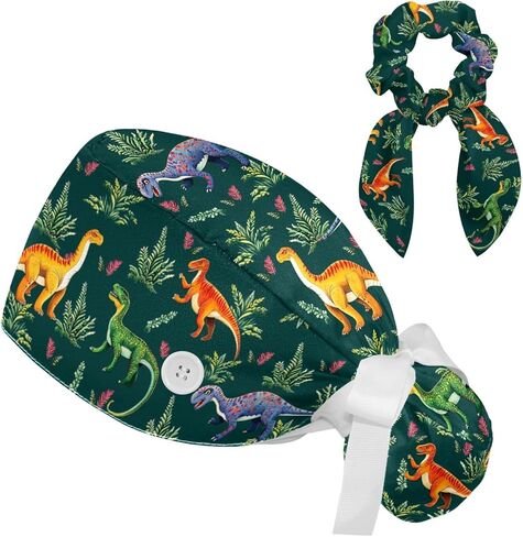 قبعات فرك للنساء على شكل ذيل حصان، قبعات جراحية للديناصورات مع ربطة عنق منتفخة، قبعات فرك قابلة للتعديل للشعر الطويل للممرضات in Kuwait