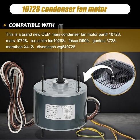 10728 محرك مروحة مكثف يستبدل Mars 10733، a.o.Smith FSE1026S، fasco D909/ D749، genteq 3728، W51-14CJA1-02، Marathon X412 إلخ، 1/4 حصان، 1075 دورة في الدقيقة، 208-230 فولت، 1.8 أمبير، دوران عكسي، ضمان لمدة سنة واحدة in Kuwait