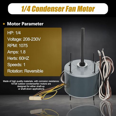 10728 محرك مروحة مكثف يستبدل Mars 10733، a.o.Smith FSE1026S، fasco D909/ D749، genteq 3728، W51-14CJA1-02، Marathon X412 إلخ، 1/4 حصان، 1075 دورة في الدقيقة، 208-230 فولت، 1.8 أمبير، دوران عكسي، ضمان لمدة سنة واحدة in Kuwait
