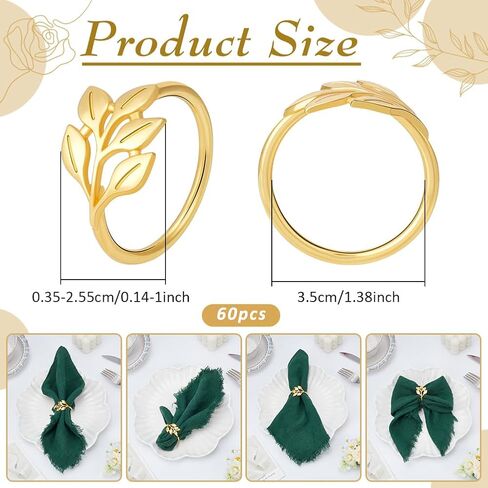 60Pcs Gold Leaf Napkin Rings, Metal Gold Holder Table Napkin Rings Dinner Banquet Table Decoration Dining Table Setting for Thanksgiving Christmas Halloween Holiday Wedding Party Events in Kuwait