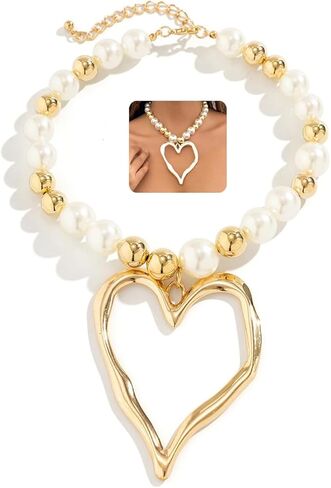 Y2k Chunky Heart Necklaces for Women Silver Large Heart Pendant Pearl Beaded Necklace Love Statement Choker Necklace Heart Jewelry Accessories Gift in Saudi Arabia