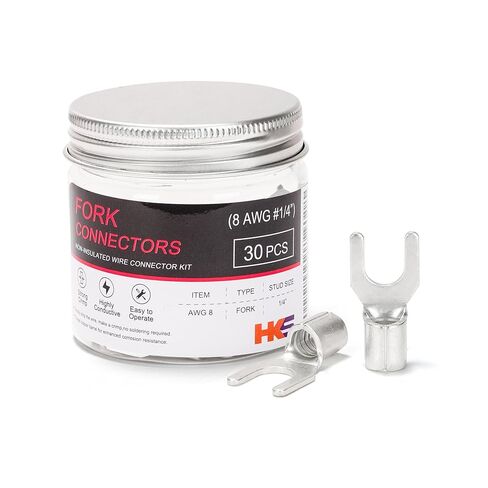 HKS 30 قطعة أطراف شوكة غير معزولة، مسمار رقم 8، AWG 8 (6-10 مم²) موصلات مجعدة من النحاس الأحمر المعلب، حجم مسمار M4، عروات سلكية غير معزولة للأسلاك الكهربائية وتطبيقات السيارات in Saudi Arabia