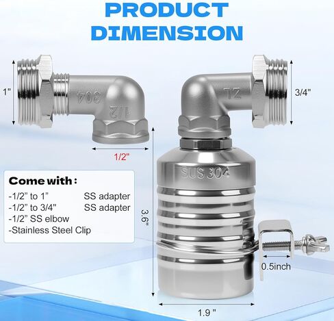 2 قطعة صمام تعويم مع محولات 1/2 بوصة، 3/4 بوصة، 1 بوصة - صمام تعويم مياه من الفولاذ المقاوم للصدأ 304 تحكم أوتوماتيكي بالكامل في مستوى المياه لخزانات المياه وأحواض السمك وأحواض الماشية وحمامات السباحة والمقطرات والبرك in Kuwait