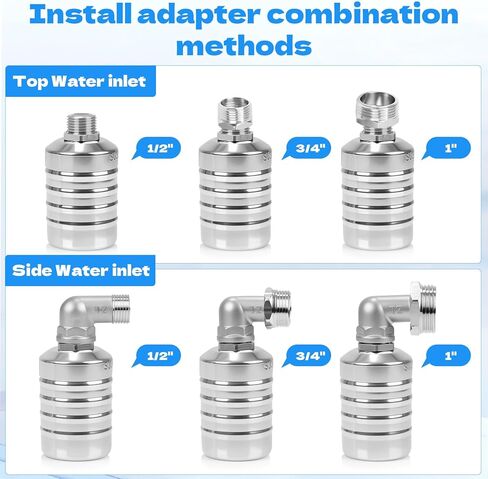 2 قطعة صمام تعويم مع محولات 1/2 بوصة، 3/4 بوصة، 1 بوصة - صمام تعويم مياه من الفولاذ المقاوم للصدأ 304 تحكم أوتوماتيكي بالكامل في مستوى المياه لخزانات المياه وأحواض السمك وأحواض الماشية وحمامات السباحة والمقطرات والبرك in Kuwait