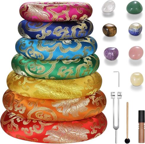 مجموعة وسائد وعاء الغناء 18 قطعة لأوعية الغناء التبتية مقاس 6-12 بوصة، و7 وسائد مستديرة من حرير قوس قزح، ومطرقة خشبية، ومجموعة شوكة ضبط 128 هرتز، و7 أحجار شاكرا - لشفاء صوت التأمل وأوعية الصوت الكريستالية in Kuwait