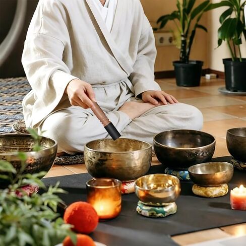 مجموعة وسائد وعاء الغناء 18 قطعة لأوعية الغناء التبتية مقاس 6-12 بوصة، و7 وسائد مستديرة من حرير قوس قزح، ومطرقة خشبية، ومجموعة شوكة ضبط 128 هرتز، و7 أحجار شاكرا - لشفاء صوت التأمل وأوعية الصوت الكريستالية in Kuwait