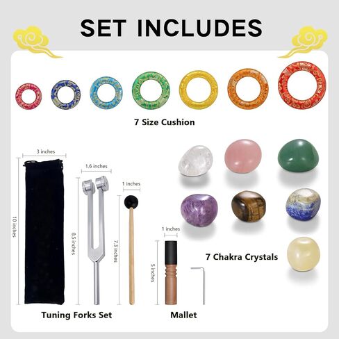 مجموعة وسائد وعاء الغناء 18 قطعة لأوعية الغناء التبتية مقاس 6-12 بوصة، و7 وسائد مستديرة من حرير قوس قزح، ومطرقة خشبية، ومجموعة شوكة ضبط 128 هرتز، و7 أحجار شاكرا - لشفاء صوت التأمل وأوعية الصوت الكريستالية in Kuwait