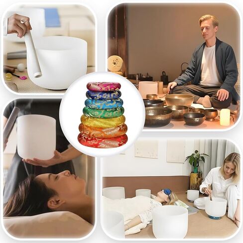 مجموعة وسائد وعاء الغناء 18 قطعة لأوعية الغناء التبتية مقاس 6-12 بوصة، و7 وسائد مستديرة من حرير قوس قزح، ومطرقة خشبية، ومجموعة شوكة ضبط 128 هرتز، و7 أحجار شاكرا - لشفاء صوت التأمل وأوعية الصوت الكريستالية in Kuwait