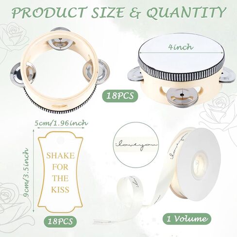 18 Set 4 inch Tambourine bulk for Adults, Mini Tambourines Wooden Hand Held Drum with Metal Jingles, Gift Tags & White Printed Ribbon, Tambourine Gift for Church Wedding Party Favor in Kuwait