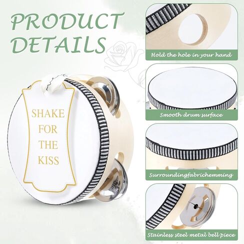 18 Set 4 inch Tambourine bulk for Adults, Mini Tambourines Wooden Hand Held Drum with Metal Jingles, Gift Tags & White Printed Ribbon, Tambourine Gift for Church Wedding Party Favor in Kuwait