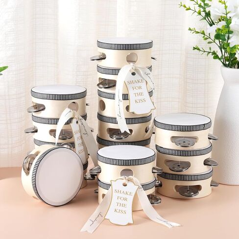 18 Set 4 inch Tambourine bulk for Adults, Mini Tambourines Wooden Hand Held Drum with Metal Jingles, Gift Tags & White Printed Ribbon, Tambourine Gift for Church Wedding Party Favor in Kuwait