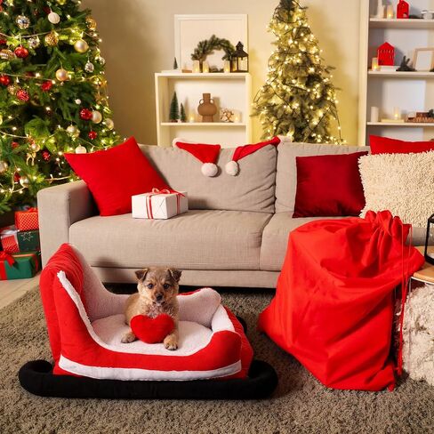 Christmas Dog Bed Pet Red Sleigh Cat Sofa with Plush Synthetic Fur, Washable Cozy Christmas Pet Bed for Small to Large Dogs Indoor Outdoor Use(Red Black,32x22x15 Inch) in Saudi Arabia