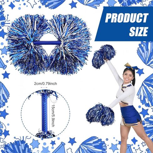 12 Pcs Cheerleading Pom Poms with Baton Handle Blue Silver Cheer Spirit Sticks for Team Spirit Sports Dance Cheering Adults in Saudi Arabia