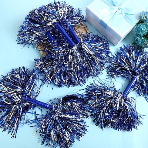 12 Pcs Cheerleading Pom Poms with Baton Handle Blue Silver Cheer Spirit Sticks for Team Spirit Sports Dance Cheering Adults in Saudi Arabia