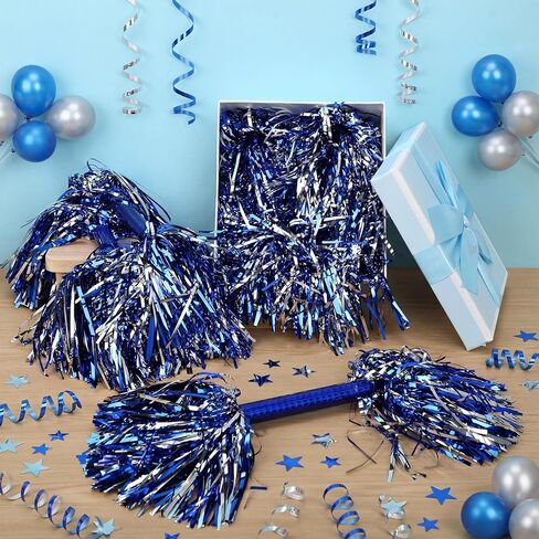 12 Pcs Cheerleading Pom Poms with Baton Handle Blue Silver Cheer Spirit Sticks for Team Spirit Sports Dance Cheering Adults in Saudi Arabia
