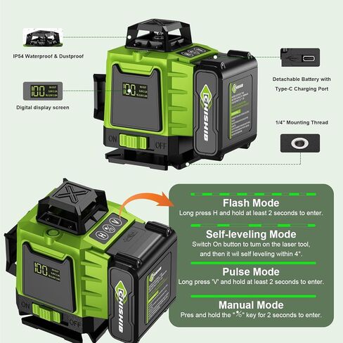 طقم مستوى ليزر أخضر مكون من 16 خطًا -4 × 360 درجة 4D مستوى ليزر متقاطع ذاتي التسوية، قاعدة دوارة وملحقات للبناء وتحسين المنزل وتعليق الصور، (فئة الأمان ll، خرج طاقة <1 ميجاوات.) in Saudi Arabia