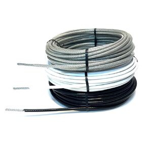 قلب كابل فولاذي مجلفن مطلي بالفينيل 1/8 بوصة - قطر مطلي 3/16 بوصة، قوة كسر 1700 رطل بألوان شفافة وأسود وأبيض (أسود، بكرة 250 قدمًا) in Kuwait