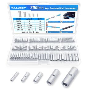 Kuject Non Insulated Butt Connectors 22-6 AWG, 200PCS Uninsulated Wiring Crimps Terminals Kit, Tinned Pure Copper Wire Butt Splice Connectors for Electrical DIY in Kuwait