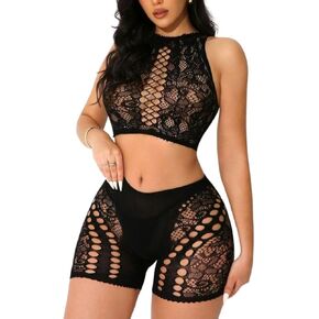 Women's Mesh 2-Piece Performance Set - Fishnet Crop Top & Shorts for Dance, Festival & Stage, Black in Kuwait