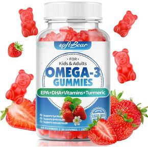 مكملات أوميغا 3 من سوفت بير للنساء والرجال والأطفال، 1200 مجم، أحماض أوميغا 3 الدهنية النباتية، ثنائي هيدروكسي الأسيتون، EPA مع الفيتامينات، تدعم صحة العين والدماغ، خالية من السكر، نكهة الفراولة، 60 قطعة in Kuwait