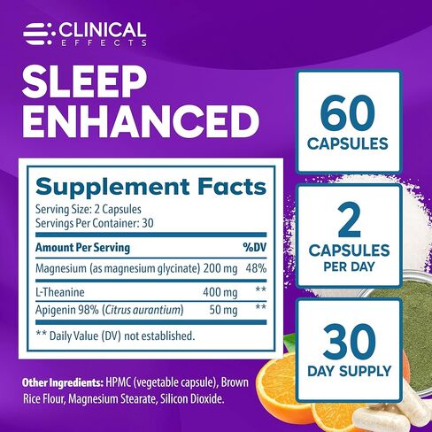 Clinical Effects Sleep Enhanced - Magnesium Supplement - 60 Capsules - Magnesium Glycinate, L-Theanine and Apigenin - for Relaxation and Natural Calm - No Melatonin Sleep Support - USA Made in Kuwait