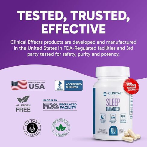 Clinical Effects Sleep Enhanced - Magnesium Supplement - 60 Capsules - Magnesium Glycinate, L-Theanine and Apigenin - for Relaxation and Natural Calm - No Melatonin Sleep Support - USA Made in Kuwait