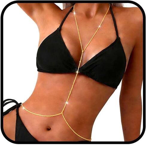 Bounzhi Gold Sexy Body Chain Crossover Thin Bra Bikini Waist Belly Body Chains Beach Body Necklace Jewelry for Women, B-100 in Saudi Arabia