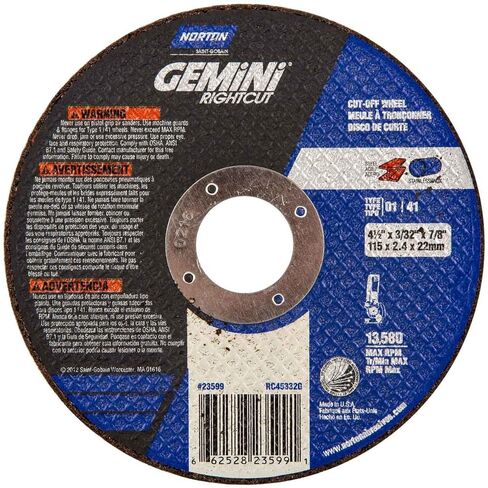 نورتون 66252823599 4-1/2x3/32x7/8 بوصة. عجلات Gemini RightCut AO معززة بزاوية قائمة، النوع 01/41، 46 حبيبة، 25 حزمة in Saudi Arabia