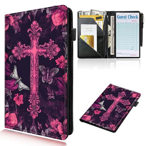 Server Books for Waitress Waiter Book with Zipper Money Pocket God Jesus Christian Cross PU Leather Cute Waitstaff Organizer Black Waiter Serving Book Wallet with Pen Holder Fit Server Apron in Kuwait