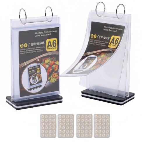 حامل قائمة قابل للطي مقاس A6 مع 6 صفحات PVC (12 عرضًا) لورق مقاس 4×6 بوصة، شاشة عرض شفافة على سطح الطاولة مع قاعدة ثابتة + 4 أكواب شفط من السيليكون لطاولة المطاعم والمقهى in Kuwait