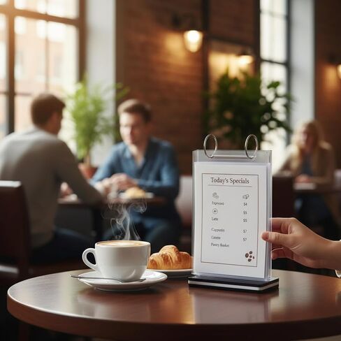 حامل قائمة قابل للطي مقاس A6 مع 6 صفحات PVC (12 عرضًا) لورق مقاس 4×6 بوصة، شاشة عرض شفافة على سطح الطاولة مع قاعدة ثابتة + 4 أكواب شفط من السيليكون لطاولة المطاعم والمقهى in Kuwait