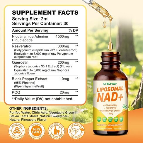 ملحق NAD Liposomal - 1500mg NAD+ قطرة سائلة للنساء والرجال النيكوتيناميد الريبوسيد كلوريد ومجمع ريسفيراترول - التجديد الخلوي ، الدعم المضاد للشيخوخة - 30 حصص (2 أوقية) in Kuwait