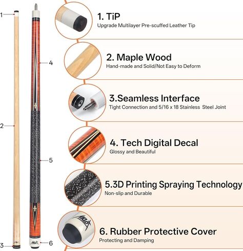 AKLOT Pool Cue Stick 58'', Top-Tier Canadian Maple Pro Billiard Cue 13mm Leather Tip, Anti-Slip Grip, 19oz Pool Stick for Adults/Beginner/Pro Player in Kuwait