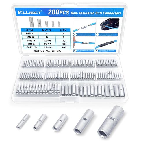 Kuject Non Insulated Butt Connectors 22-6 AWG, 200PCS Uninsulated Wiring Crimps Terminals Kit, Tinned Pure Copper Wire Butt Splice Connectors for Electrical DIY in Kuwait