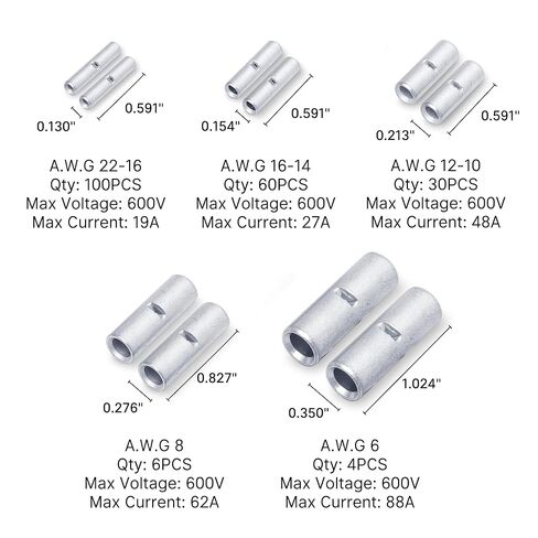 Kuject Non Insulated Butt Connectors 22-6 AWG, 200PCS Uninsulated Wiring Crimps Terminals Kit, Tinned Pure Copper Wire Butt Splice Connectors for Electrical DIY in Kuwait