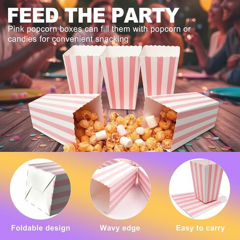24 Pack Pink Popcorn Boxes | Striped Pink and White Popcorn Containers | for Movie Night, Party Favors in Saudi Arabia