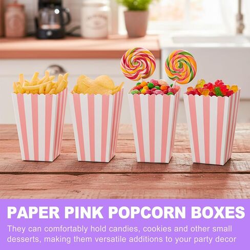 24 Pack Pink Popcorn Boxes | Striped Pink and White Popcorn Containers | for Movie Night, Party Favors in Saudi Arabia