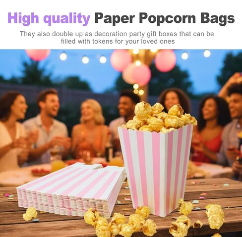 24 Pack Pink Popcorn Boxes | Striped Pink and White Popcorn Containers | for Movie Night, Party Favors in Saudi Arabia