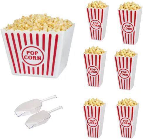 Set of 7 Popcorn Containers Red & White Striped Retro Style Reusable Open Top Buckets Scooper Classic Bowls Tubs Boxes Movie Night Party in Saudi Arabia