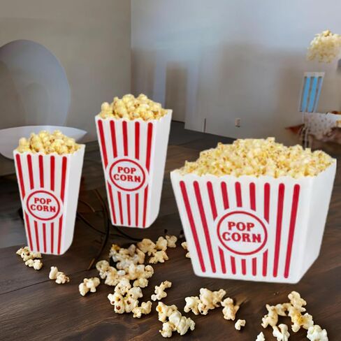 Set of 7 Popcorn Containers Red & White Striped Retro Style Reusable Open Top Buckets Scooper Classic Bowls Tubs Boxes Movie Night Party in Saudi Arabia