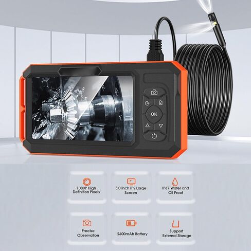 Jectse 5 Inch IPS Screen Endoscope, 8mm Camera with 1920x1080P HD Real Time Image, 16.4ft Semi Hard Cable, 3 Adjustable LED Brightness, IP67 in Saudi Arabia