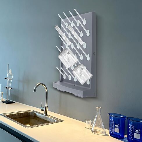 رف تجفيف المختبر مع خرطوم تصريف، أنبوب اختبار مزدوج الجوانب 54 ربطًا ورف تجفيف الأكواب، رف تنقيط من البولي بروبيلين مثبت على الحائط لمختبر الكيمياء وفصول العلوم - 27 أوتاد لكل جانب in Kuwait