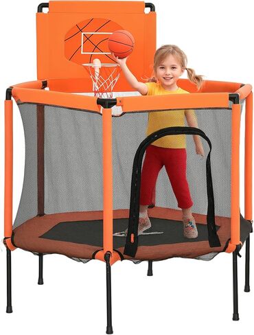 Qaba 48" Trampoline for Kids, Toddler Trampoline with Safety Enclosure Net, Basketball Hoop, Mini Trampoline Indoor Outdoor for Ages 3-6, Gifts for Boys & Girls, Orange in Saudi Arabia
